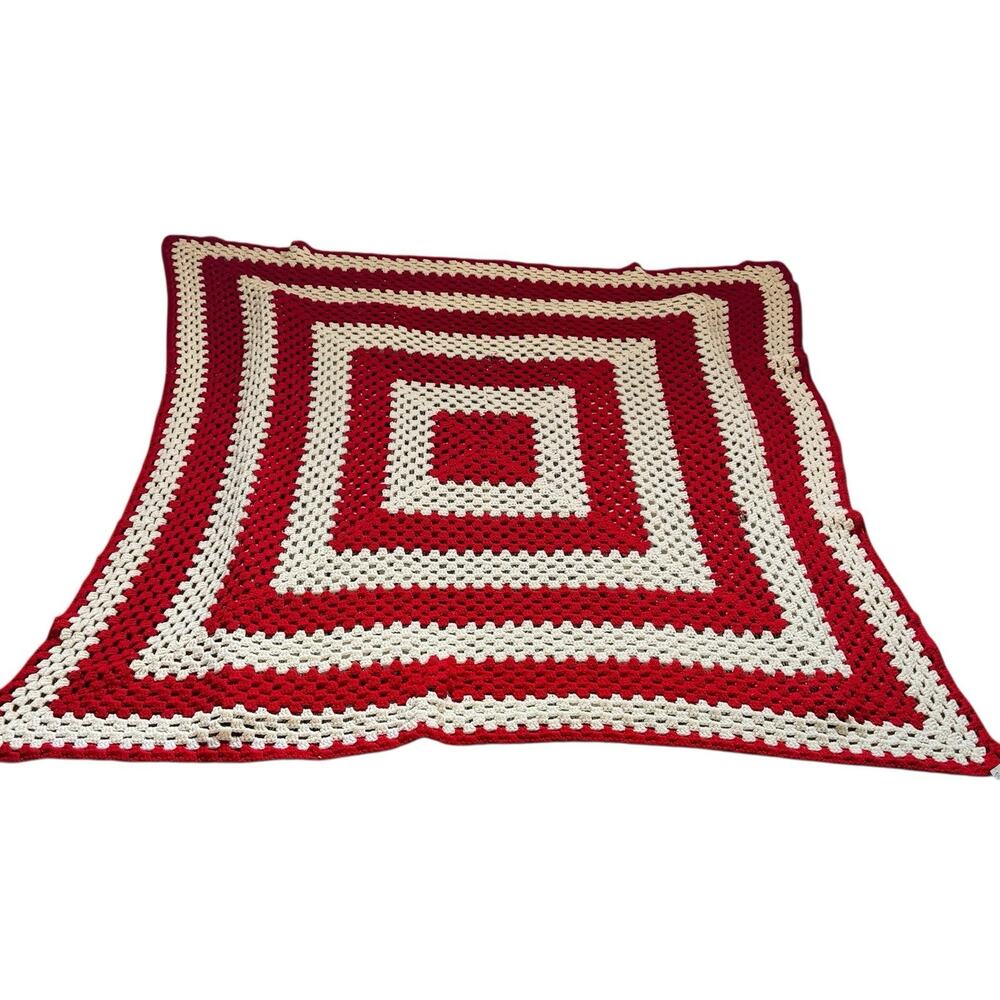 Vintage Hand Made Crochet Knit Afghan Throw Blanket 60" X 56" Red and White